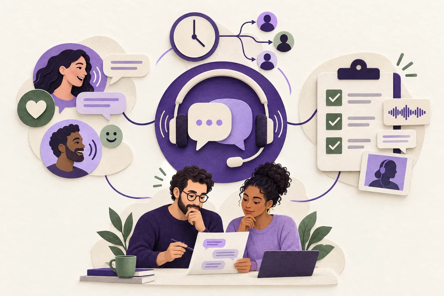 Ilustração editorial de analistas conectando conversas, indicadores e critérios de avaliação do atendimento