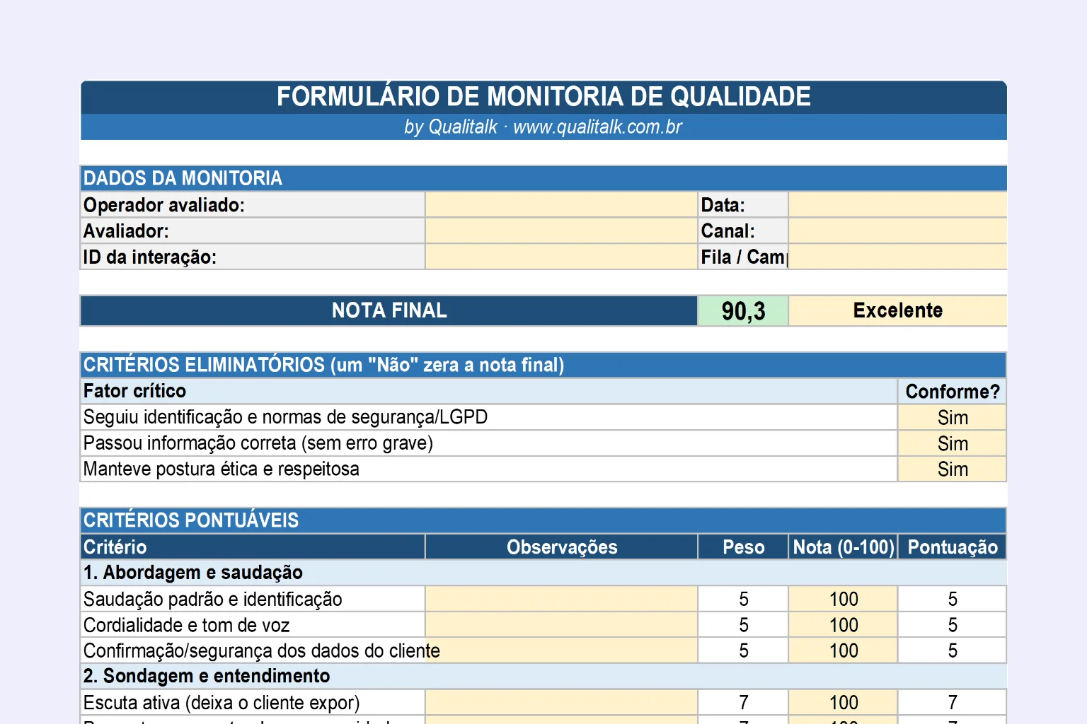 Aba Formulário de Monitoria da planilha gratuita, com dados da monitoria, nota final, critérios eliminatórios e critérios pontuáveis com peso e nota