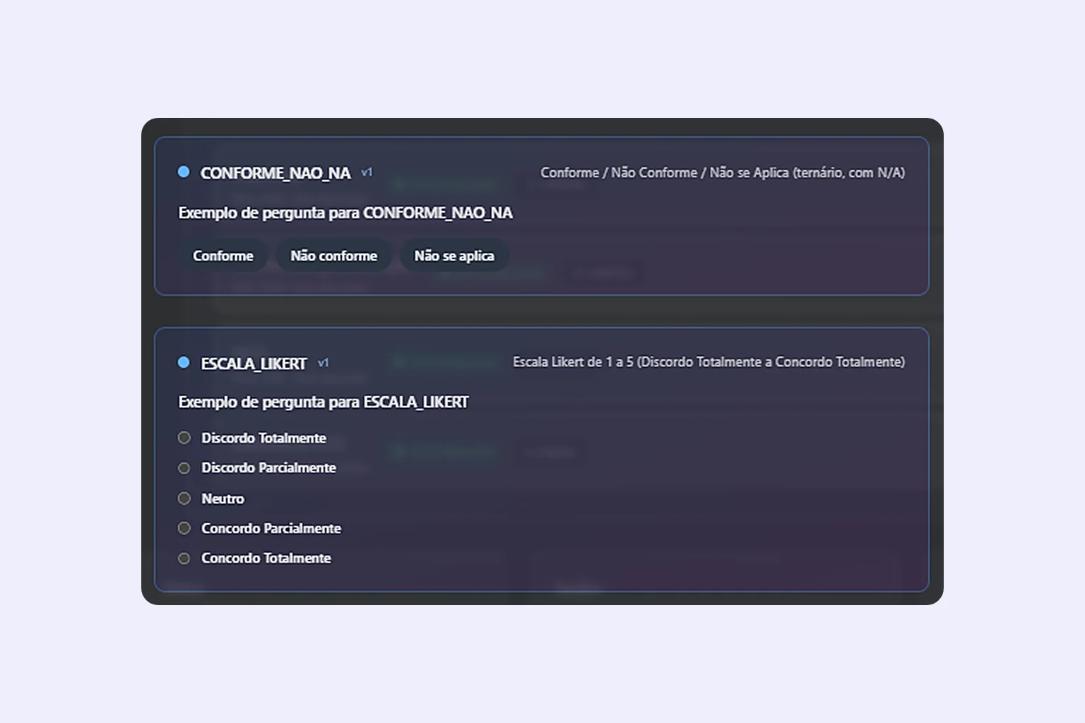 Tela do QualiTalk com tipos de resposta do formulário de monitoria: Conforme, Não conforme e Não se aplica, e escala Likert de cinco pontos